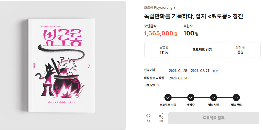 독립잡지 《뾰로롱》의 텀블벅 펀딩 화면 <출처 – 텀블벅(https:// tumblbug.com/pyororong01)>